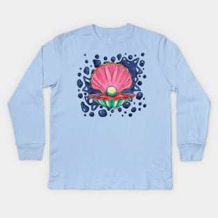 Cartoonish clam with pearl, bright seashell Kids Long Sleeve T-Shirt